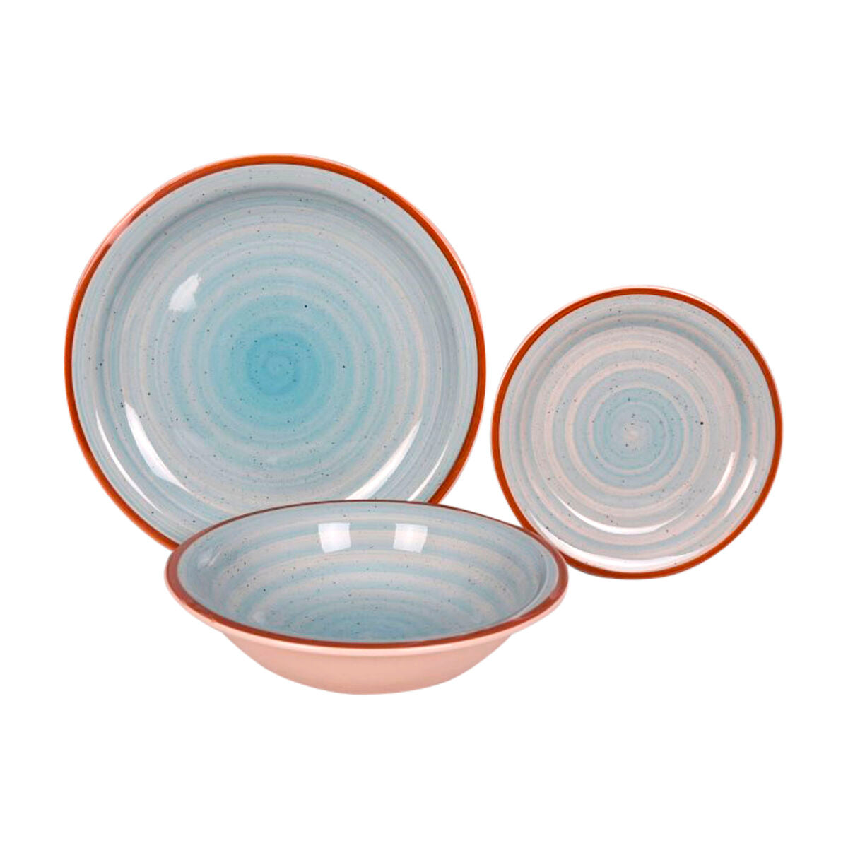 Servis i Stengods 18 delar (Blå, Grön, Rosa, Bärnsten)