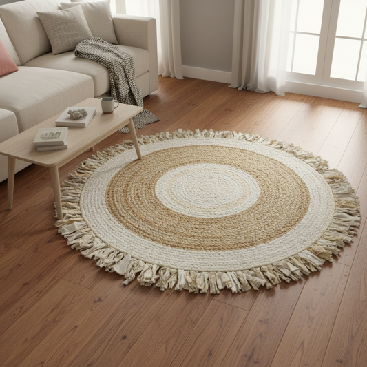 Rund Naturinspirerad Matta med Fransar 140 cm